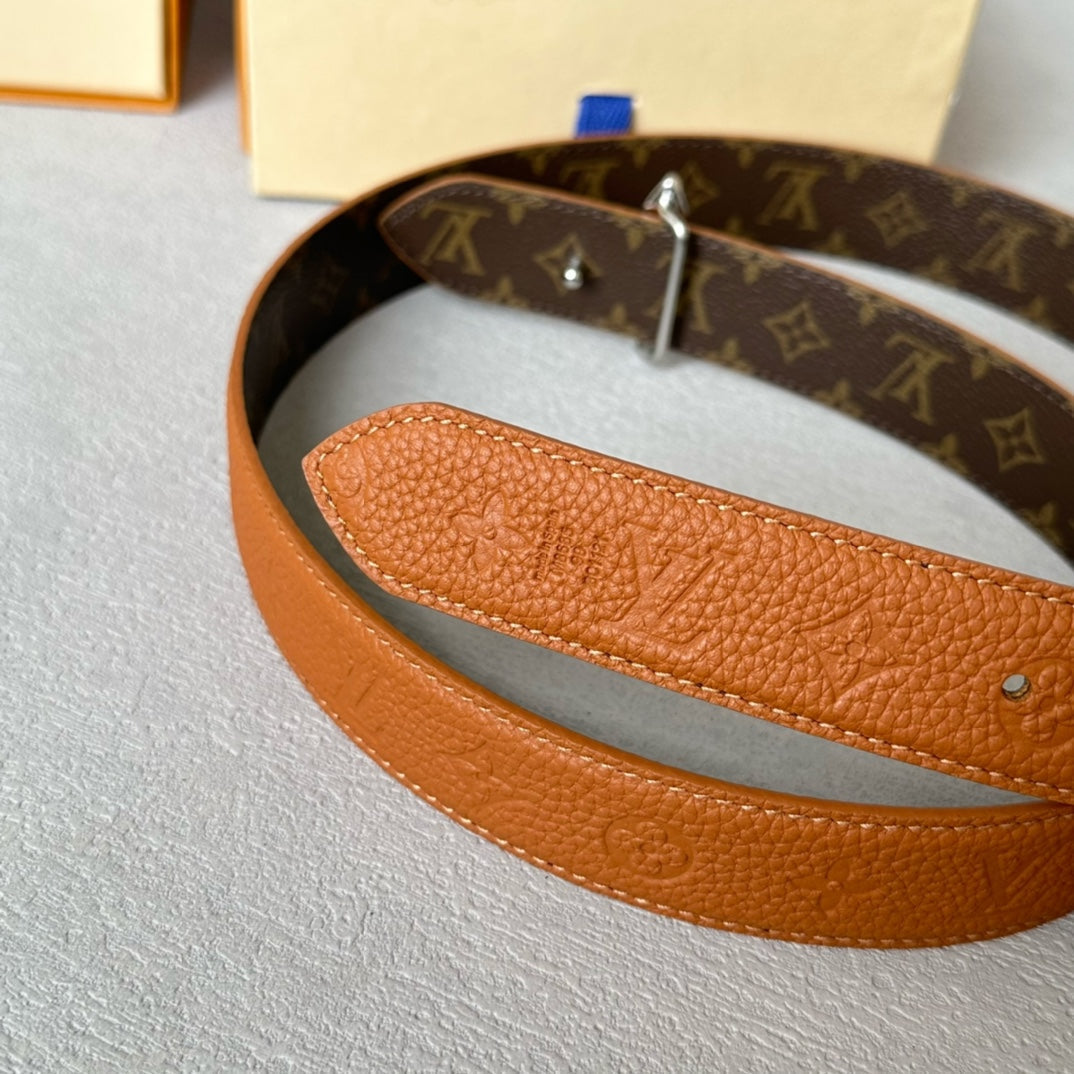 LV MINI FLOWERGRAM 30MM REVERSIBLE BELT IN BRONZE BROWN EMBOSSED CALFSKIN SILVER HARDWARE