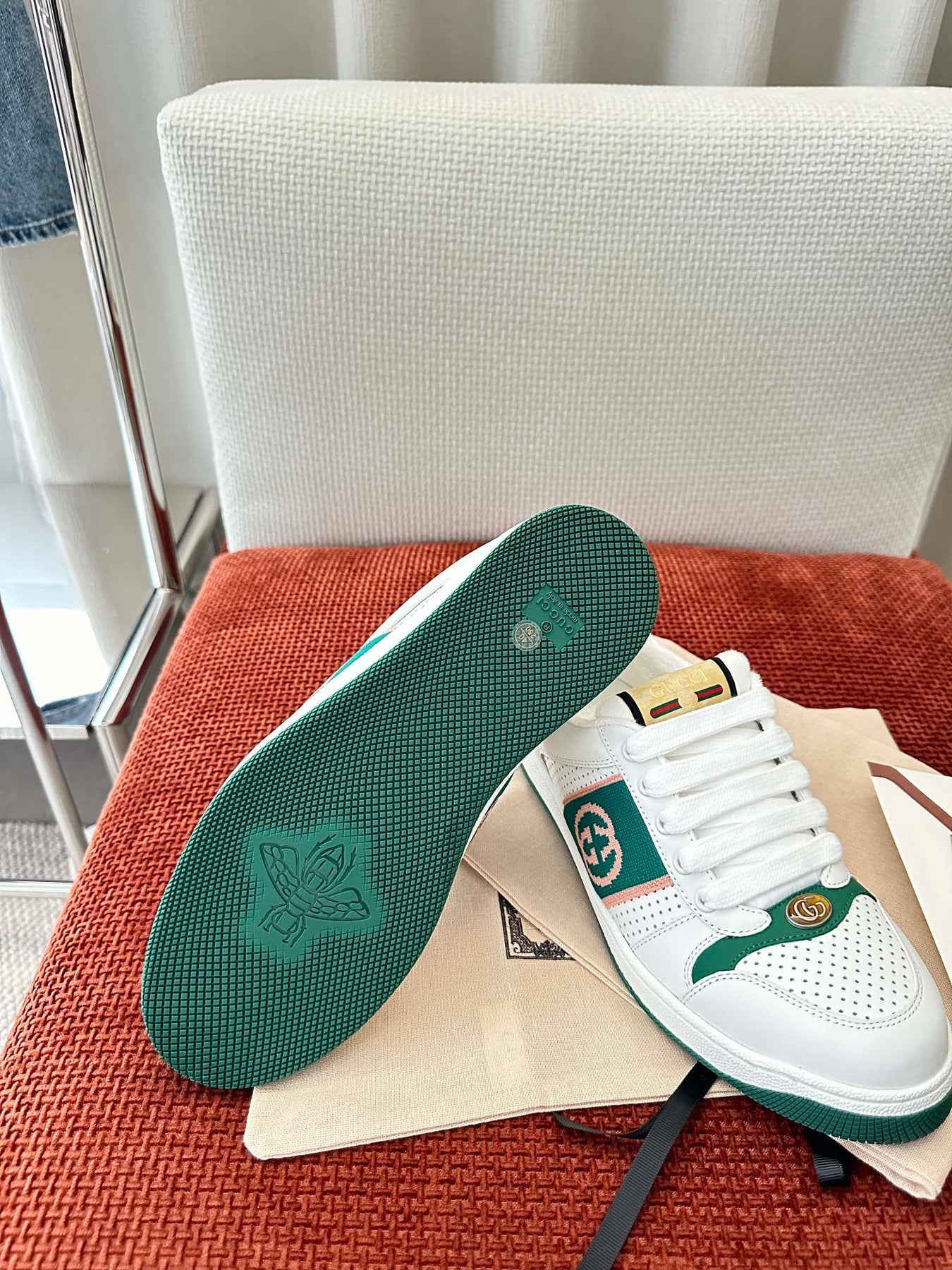 GG SCREENER SNEAKER WHITE AND DARK GREEN CALFSKIN
