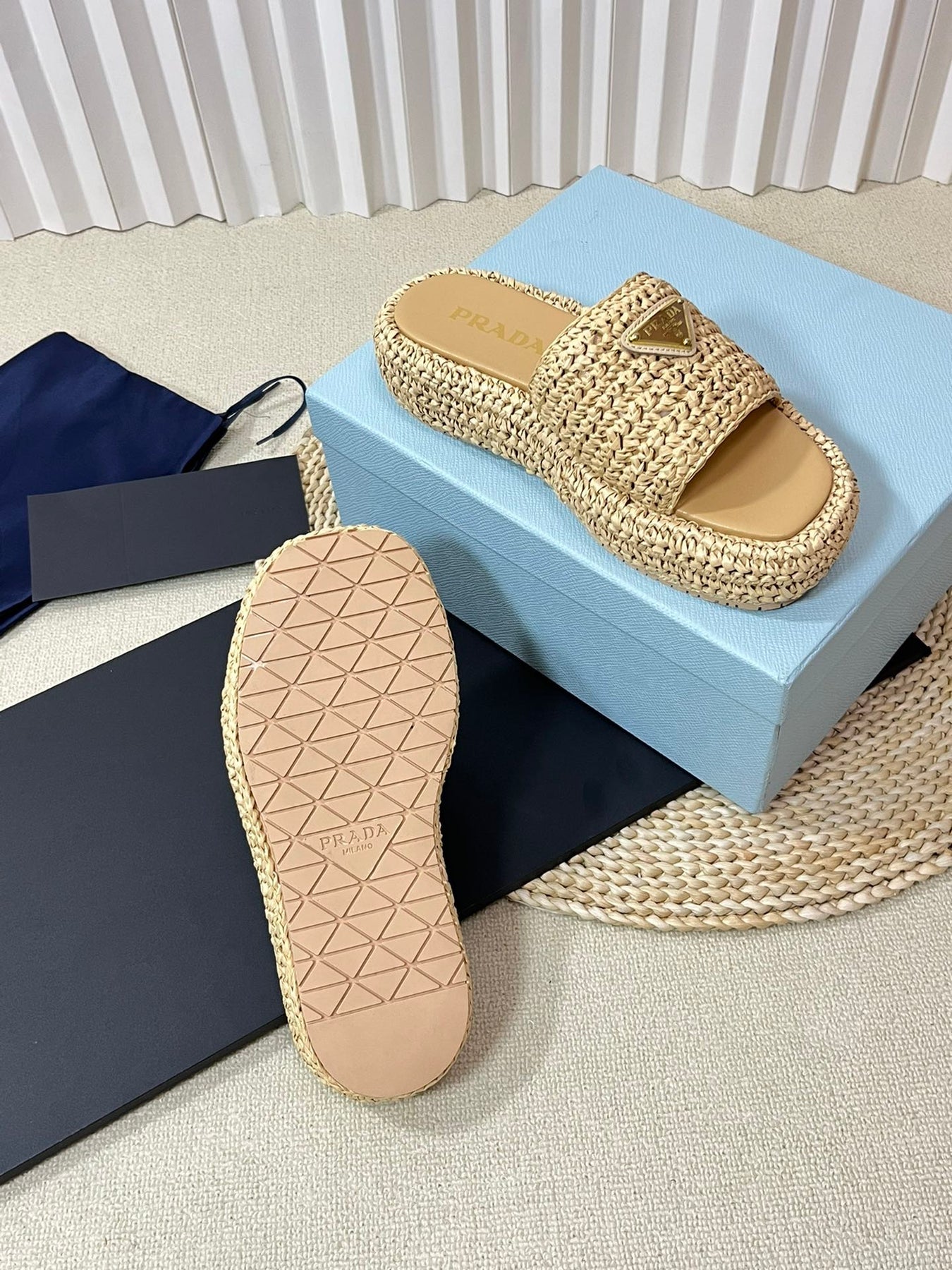 PRA CROCHET FLATFORM SLIDES BEIGE RAFFIA