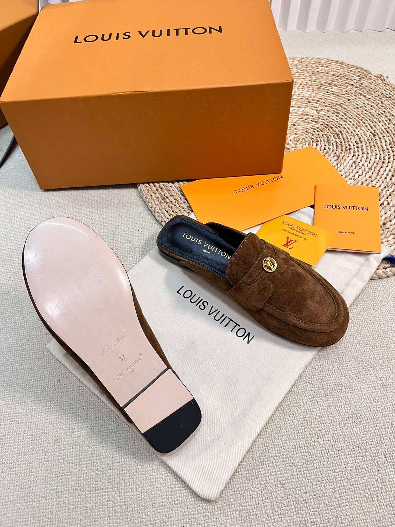 LV CAPRI OPEN BACK LOAFERS IN CHOCOLATE BROWN SUEDE