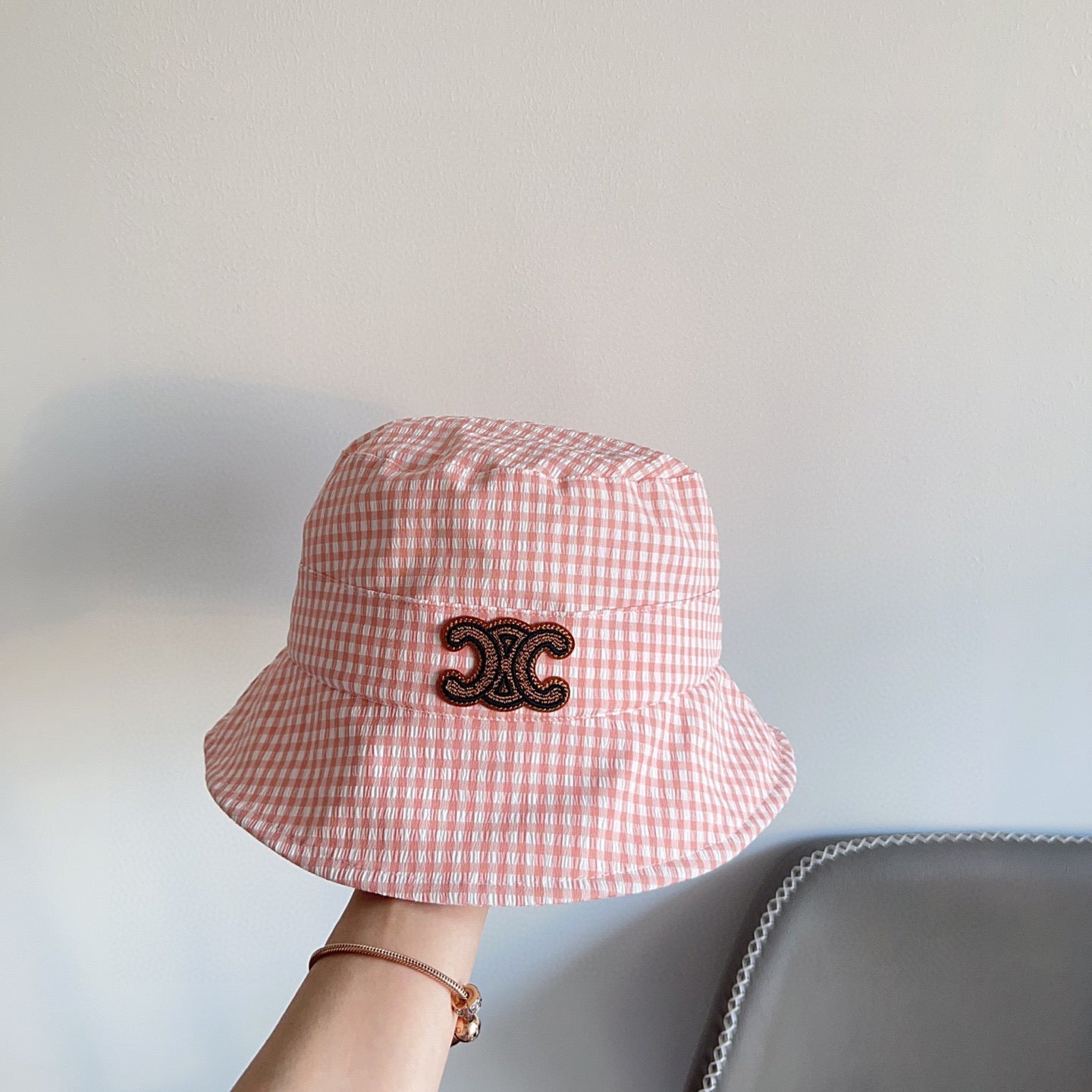 BUCKET HAT MODEL 652075 IN PINK & WHITE GINGHAM FABRIC
