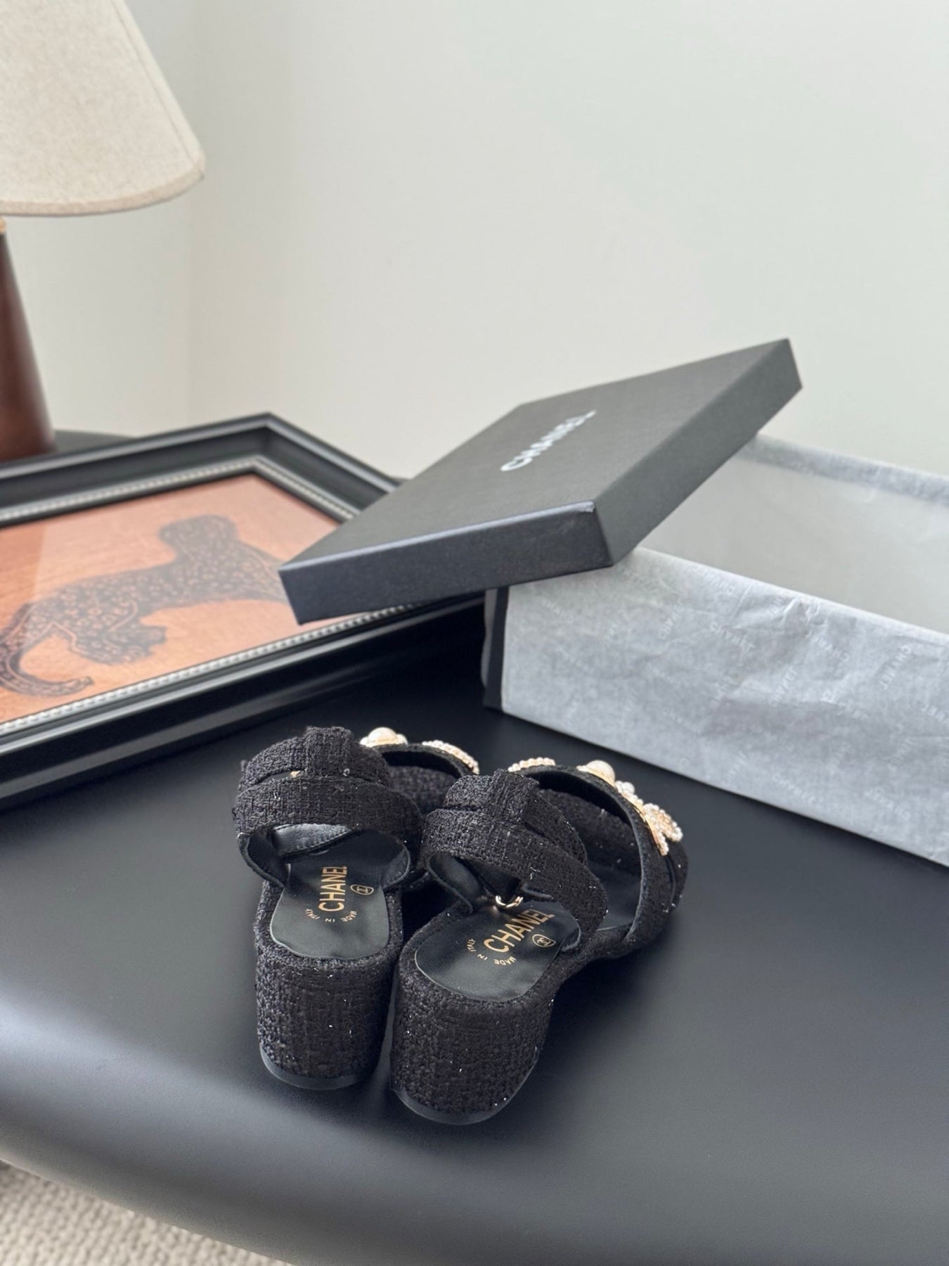 HIGH SANDALS IN BLACK TWEED WITH LOGO STICKER DETAIL