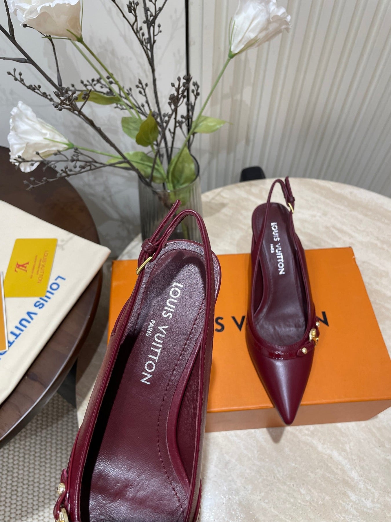 HIGH SLINGBACKS 5 CM IN BURGUNDY RED CALFSKIN