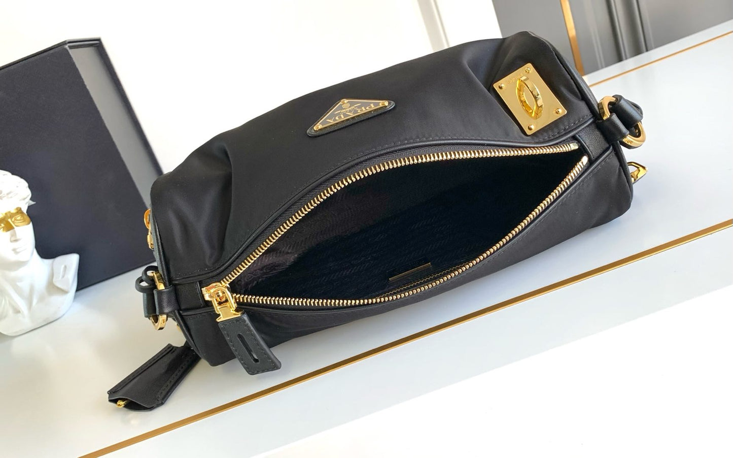 MINI POUCH 27 IN BLACK RE-NYLON AND SAFFIANO LEATHER STRAP