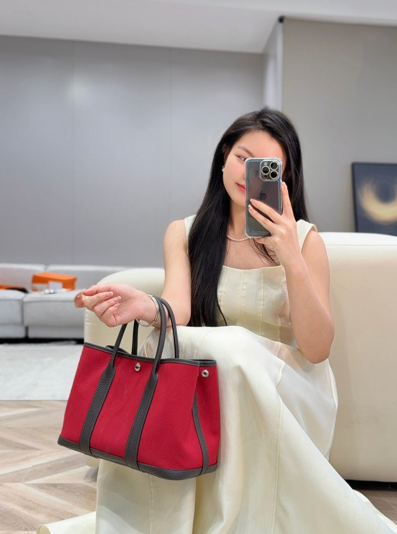 GARDEN PARTY 30CM IN RED TOILETS COTTON CANVAS AND DARK BROWN CALFSKIN PINK ON SIDE OTHER