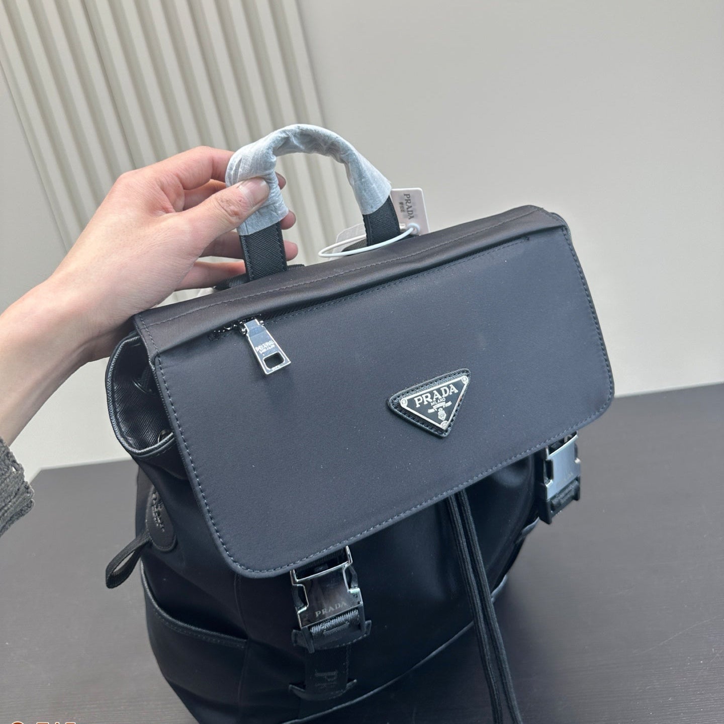 DOUBLE BUCKLE BACKPACK 40 IN BLACK RE-NYLON MIX CALFSKIN