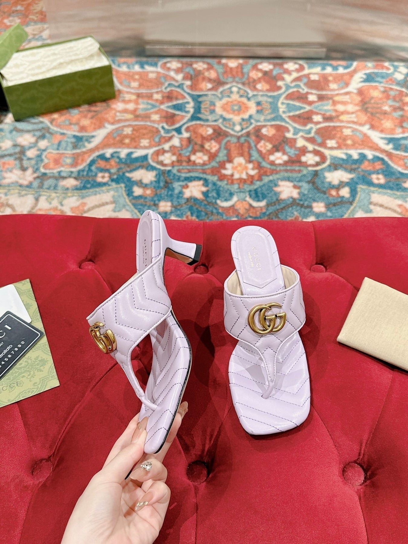 HIGH THONG MULE 55MM IN LIGHT PINK CALFSKIN WITH GOLD HARDWARE