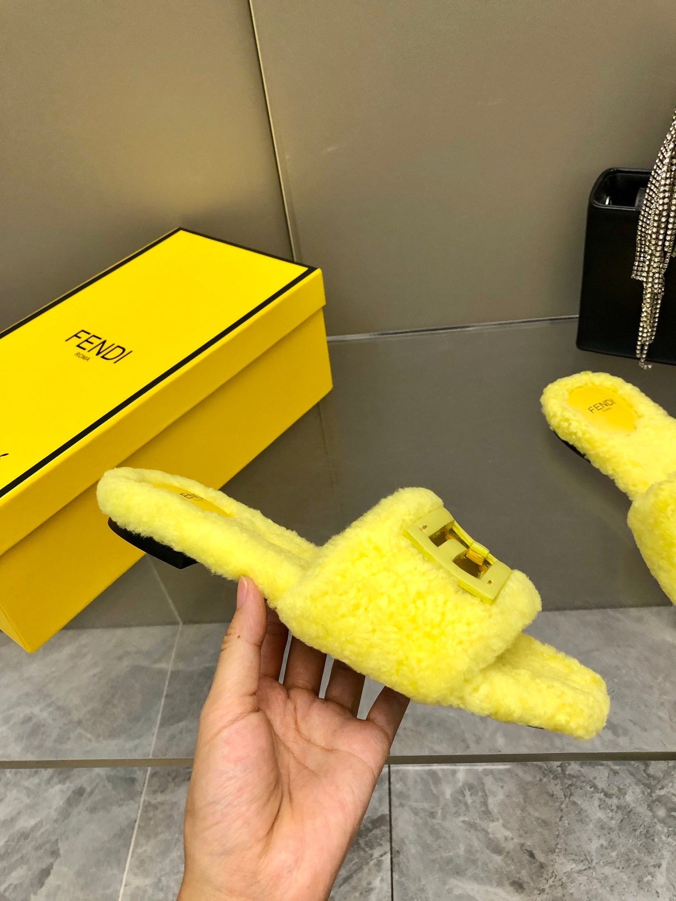 FENDI BAGUETTE SLIDE SLIPPERS IN BRIGHT YELLOW WOOL