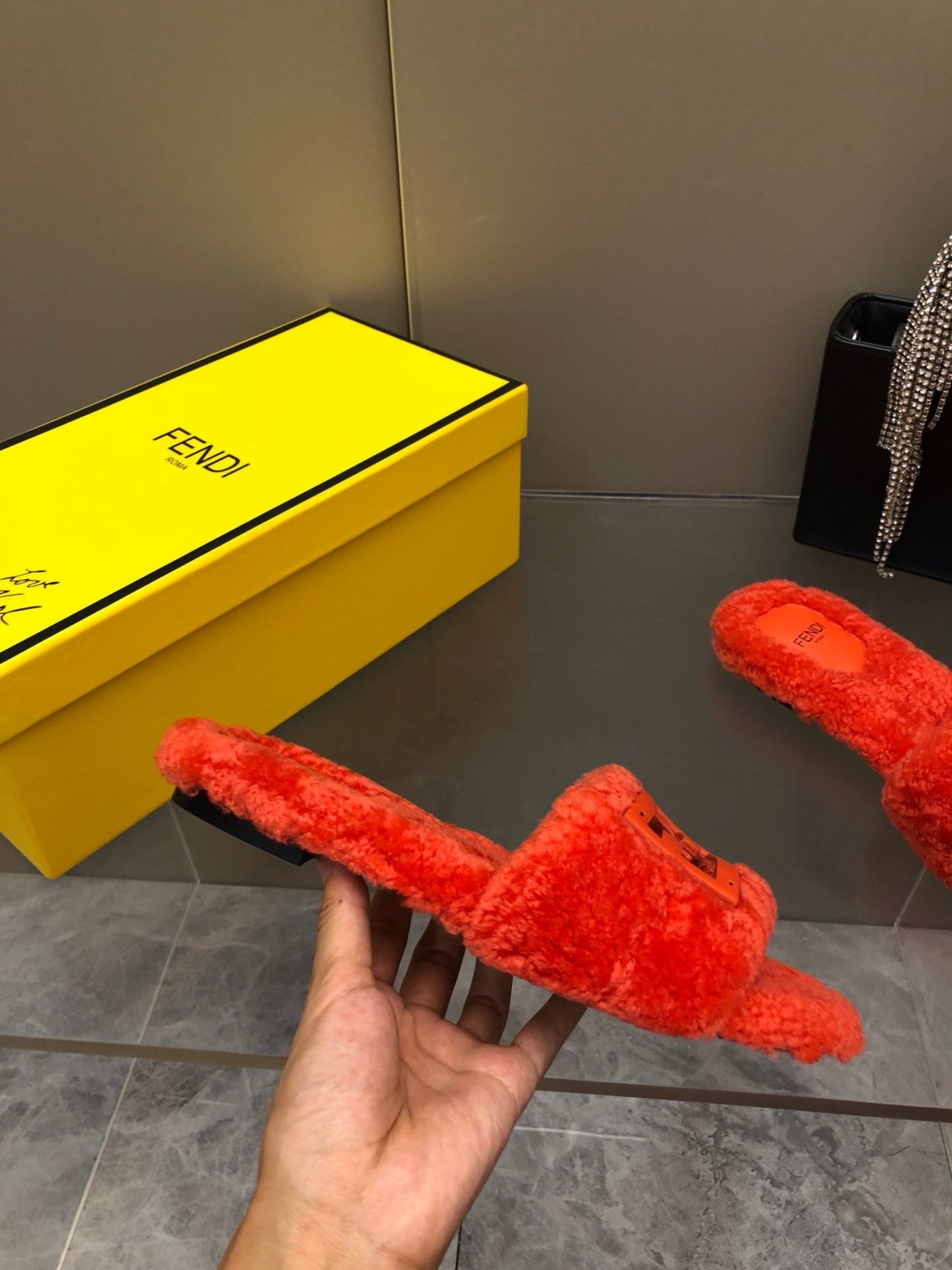 FENDI BAGUETTE SLIDE SLIPPERS IN CHERRY RED WOOL