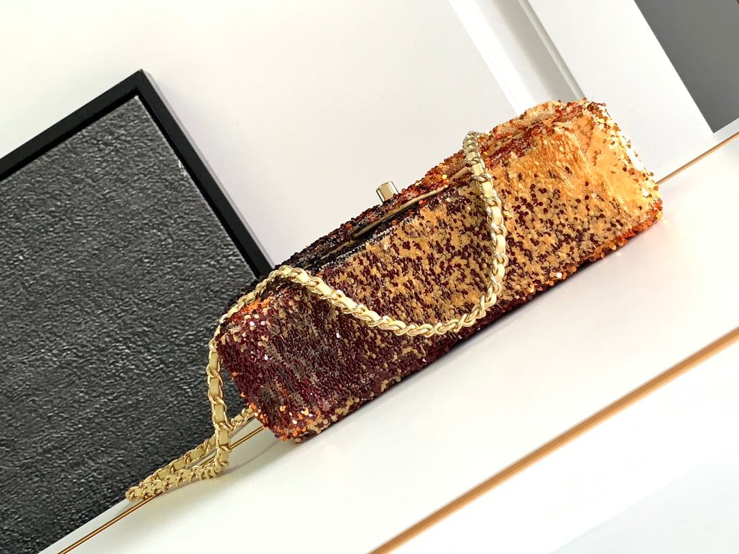 FLAP BAG 20 IN OMBRE ORANGE SEQUINS GOLD HARDWARE