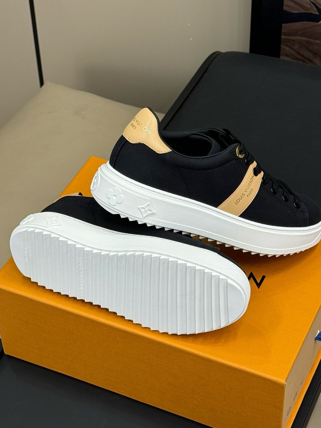 LV TIME OUT SNEAKER IN BLACK MIX MACAROON GOLD CANVAS