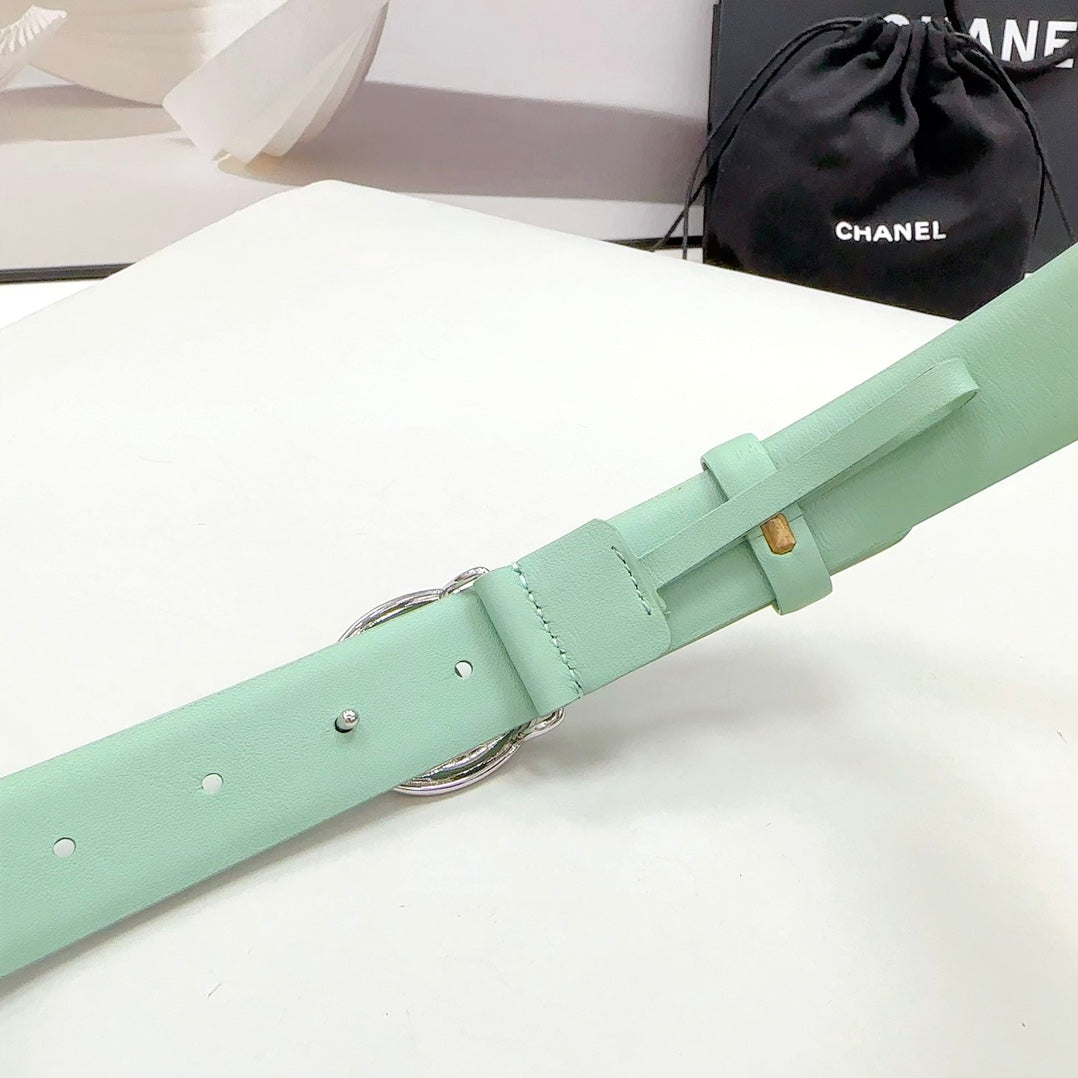 CC 30MM BELT IN GREEN MINT CALFSKIN SILVER HARDWARE ATTACH PEARLS