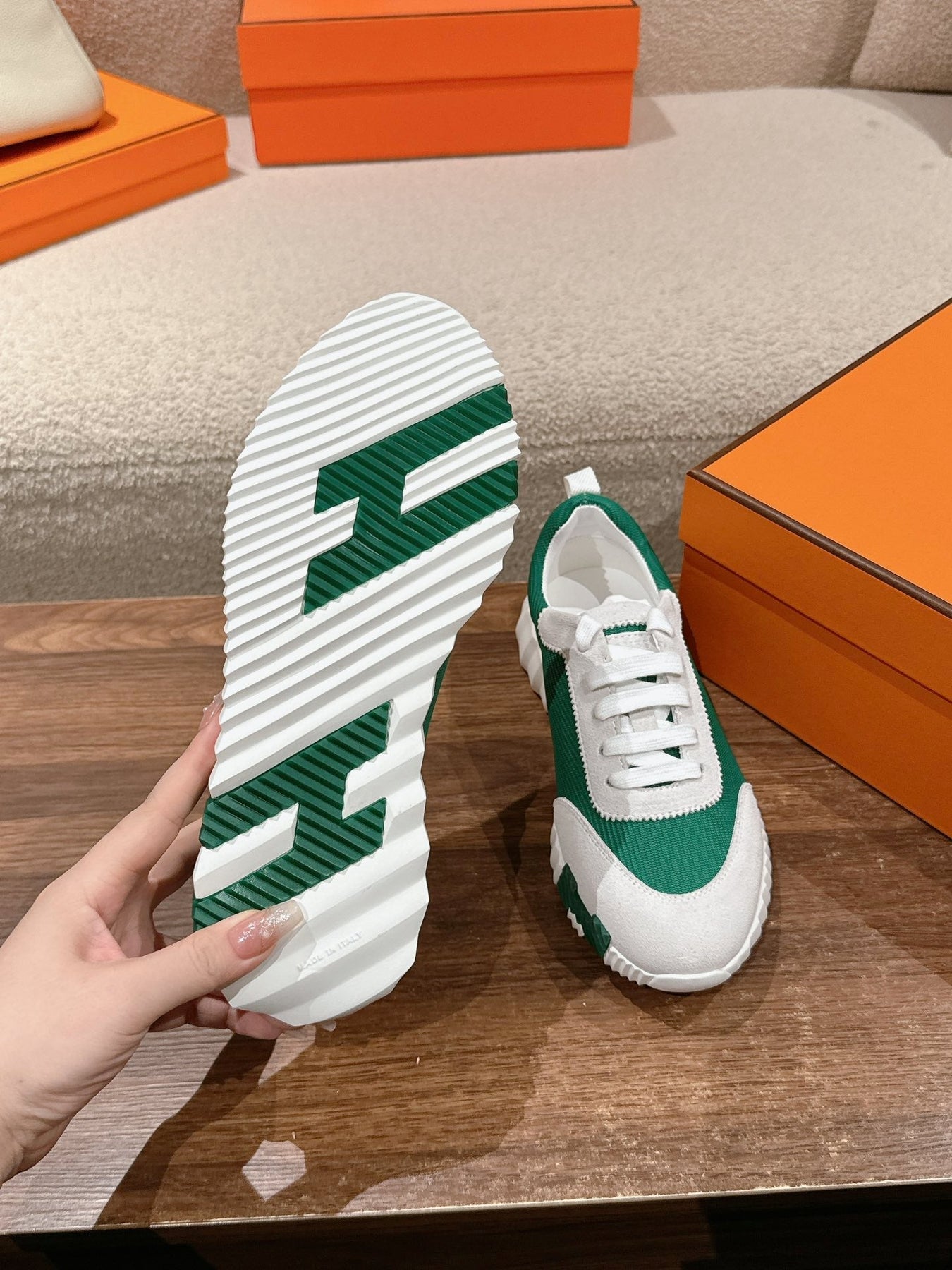 MAINLAND SNEAKER IN PALE GRAY SUEDE AND FOREST GREEN BREATHABLE MESH FABRIC