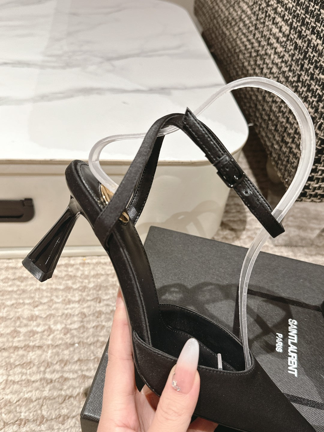 HIGH-HEELED SLINGBACKS SANDAL 7 CM IN BLACK SILK