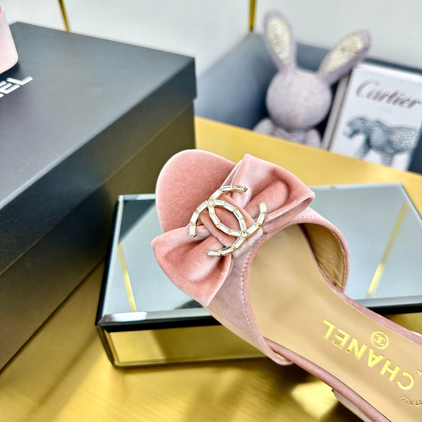 BOWKNOT RHINESTONES MID HEEL MULE IN LIGHT PINK VELVET