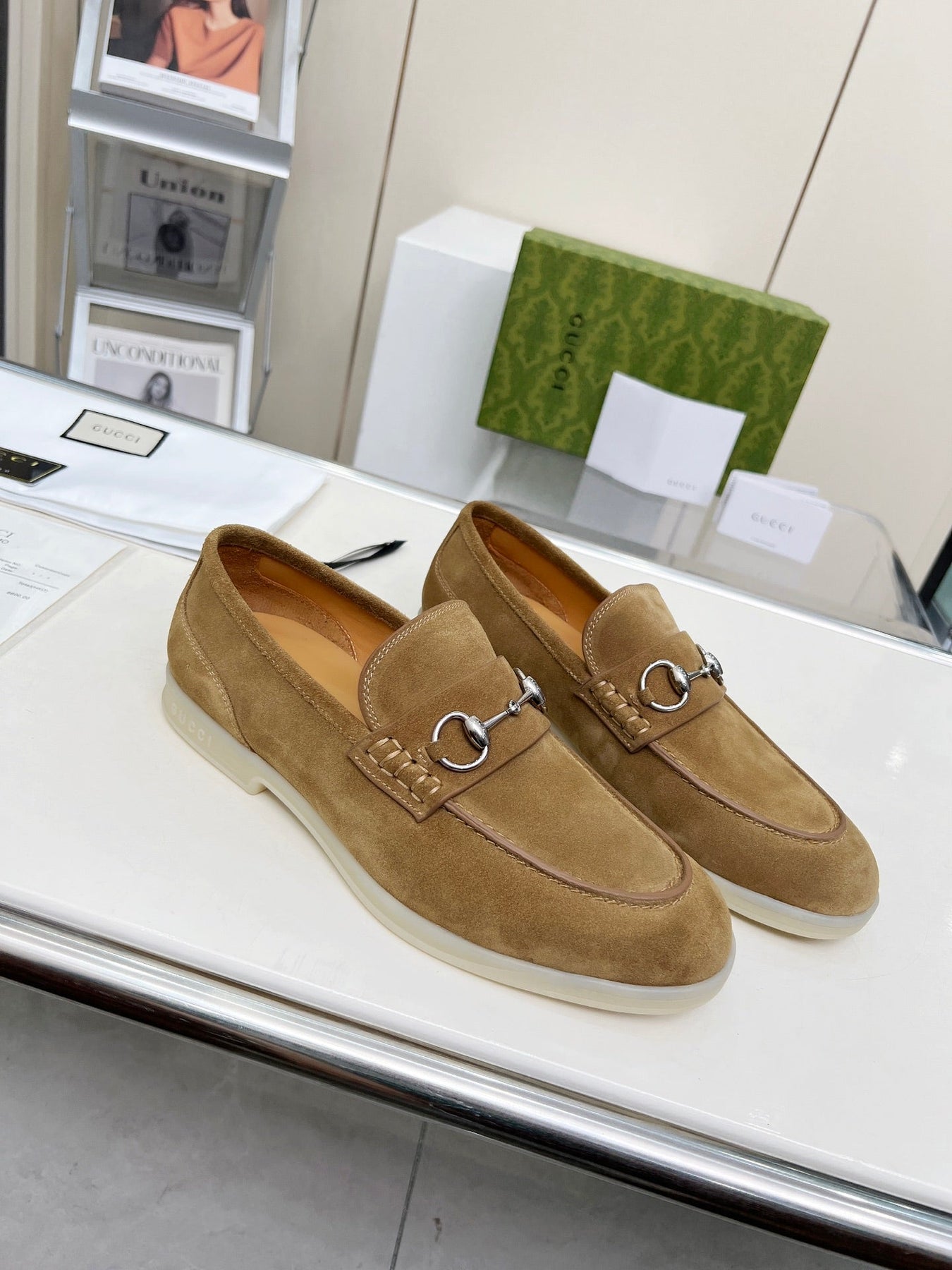 LOAFERS WITH SILVER HARDWARE IN CIDER BROWN SUEDE