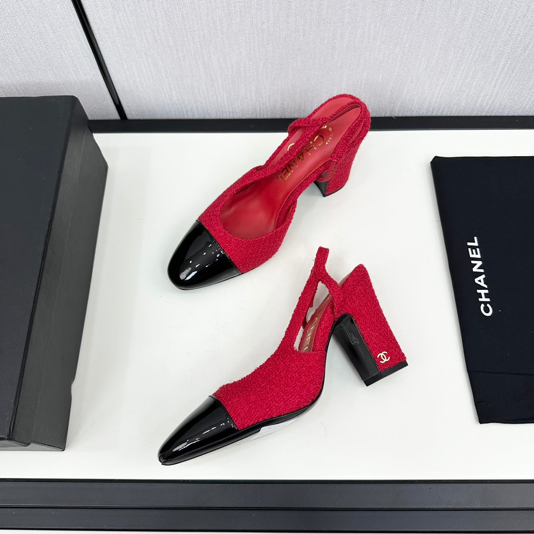 HIGH SLINGBACK ROSE RED TWEED AND BLACK CALFSKIN