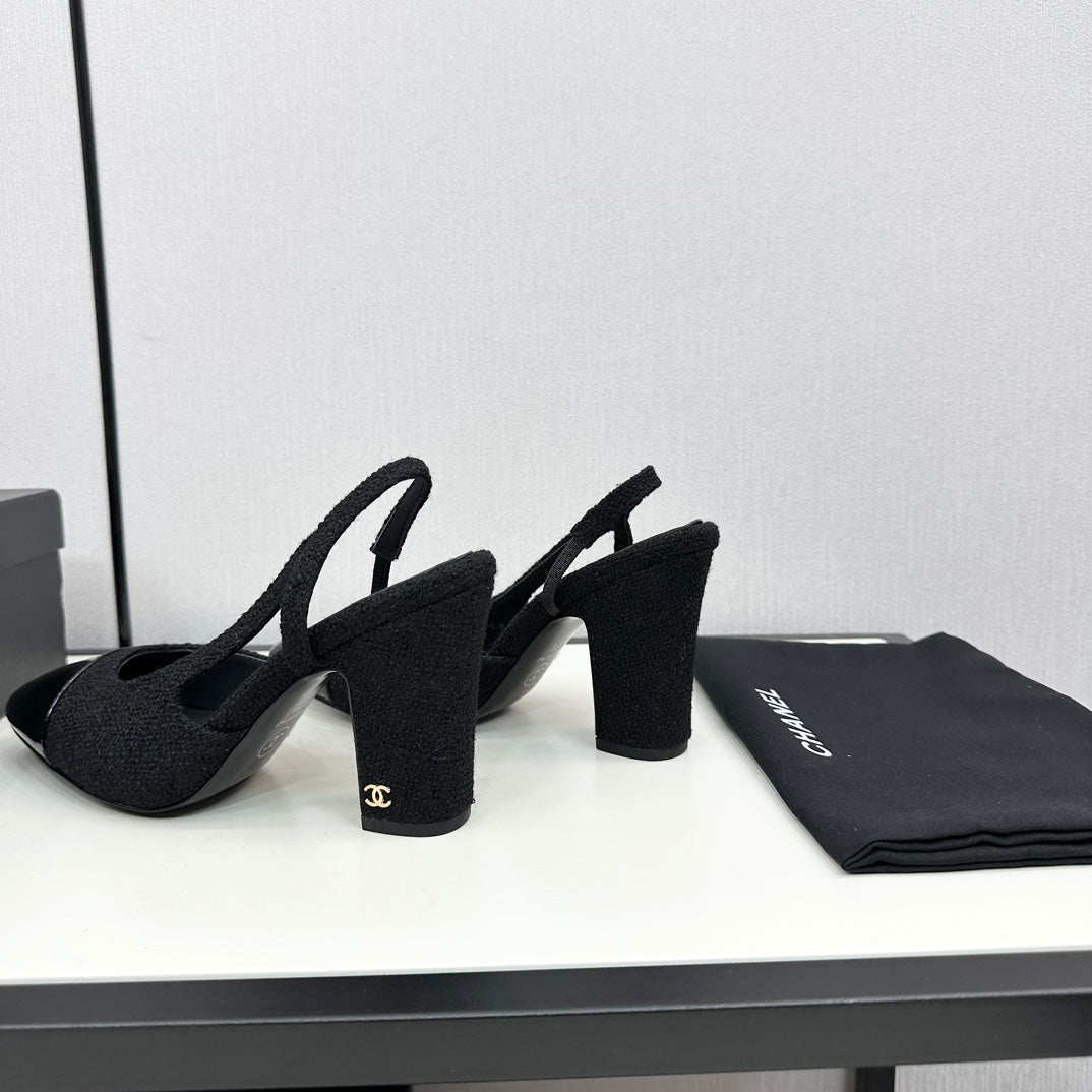HIGH SLINGBACK BLACK TWEED AND CALFSKIN