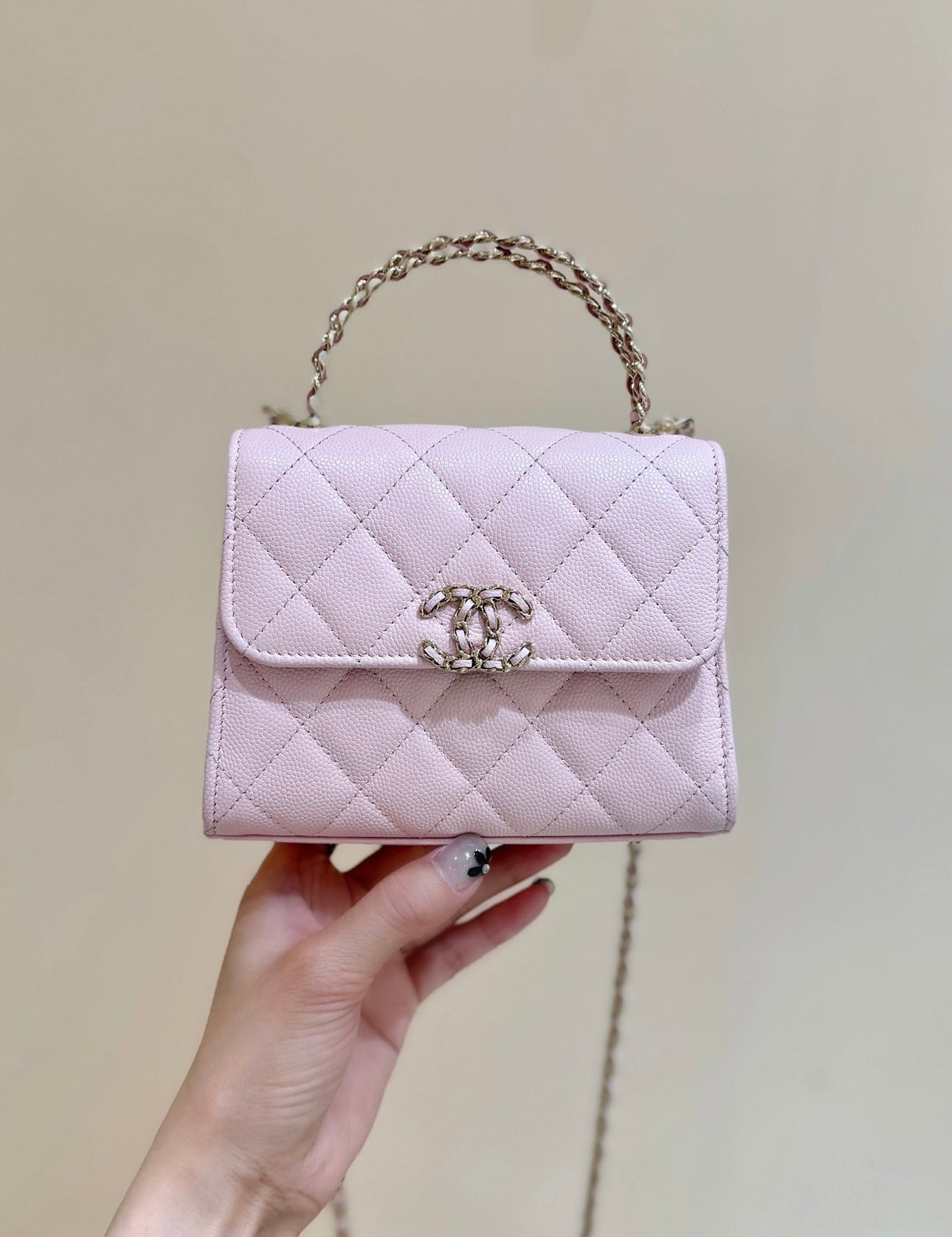 QUILTED FLAP BAG WITH HANDLE 18 IN BABY PINK LAMBSKIN GOLD HARDWARE