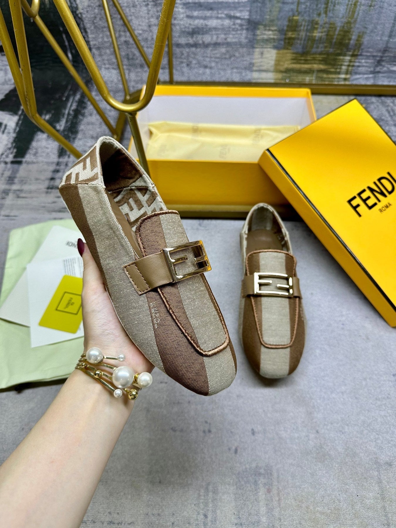 FENDI BAGUETTE LOAFERS IN BEIGE MIX BROWN CANVAS GOLD HARDWARE