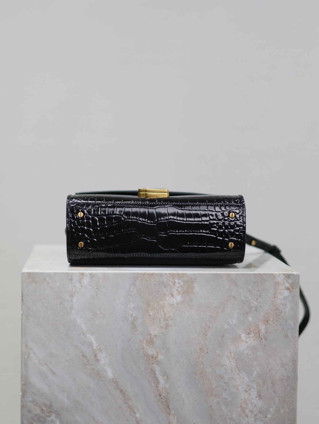 CASSANDRA MINI TOP HANDLE BAG 20 IN BLACK CROCODILE-EMBOSSED GLOSSY CALFSKIN