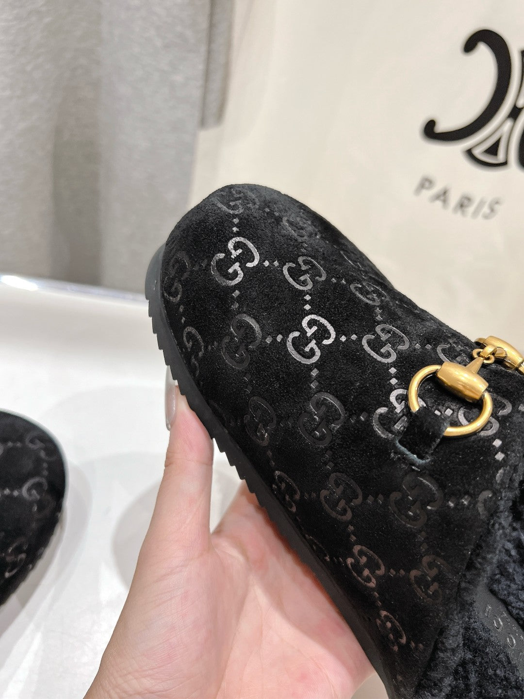 HORSEBIT MULE IN BLACK EMBOSSED SUEDE AND FLEECE LINING