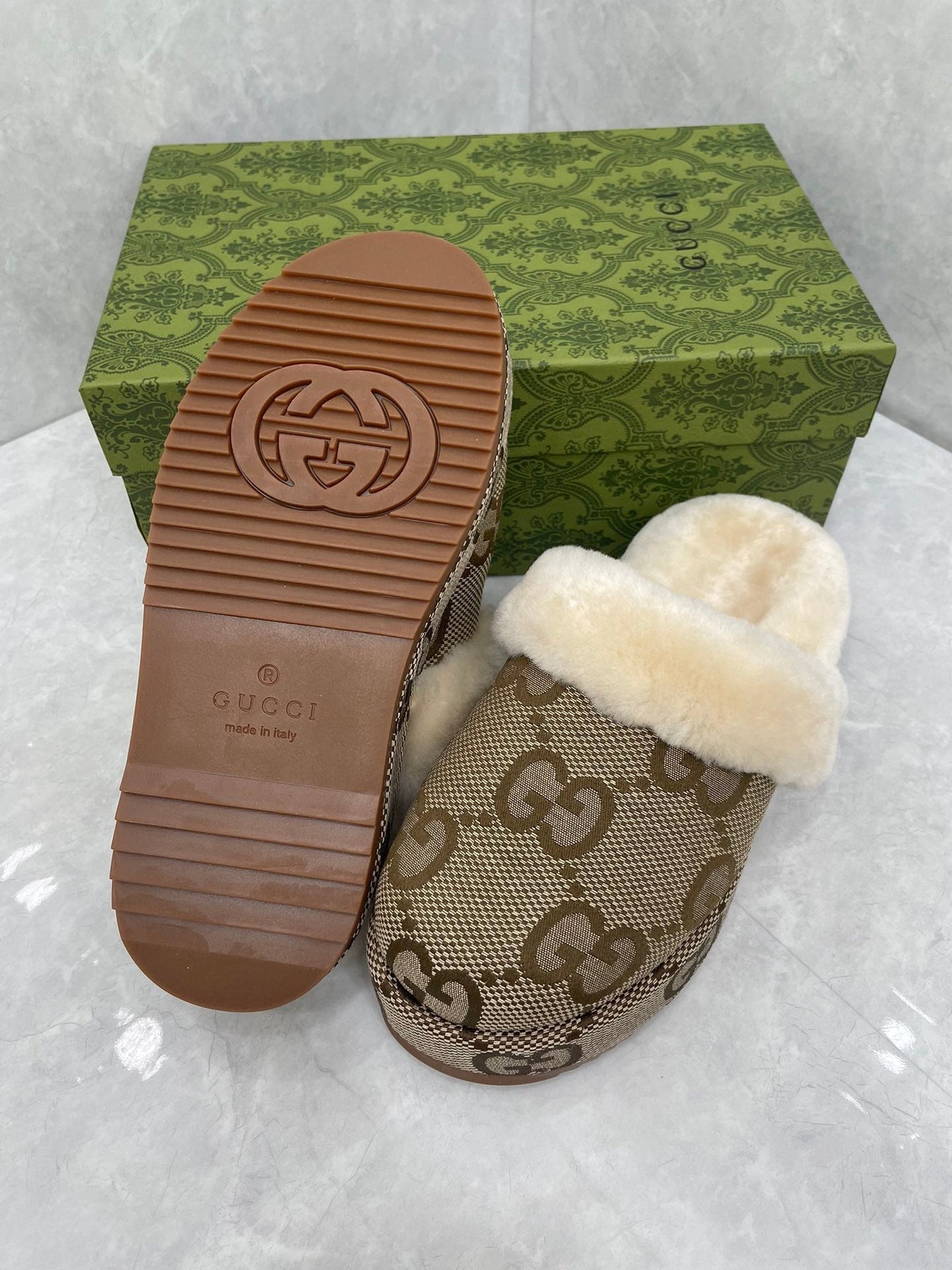 GG MULE IN PEANUT BROWN MONOGRAM JACQUARD FABRIC AND RABBIT FUR LINING