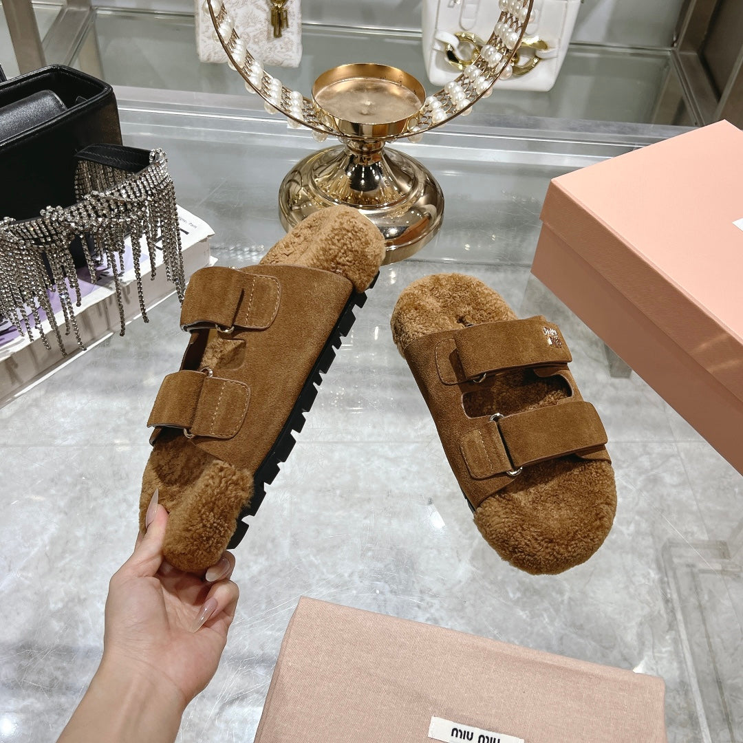 SANDAL SLIDES IN SEPIA BROWN SUEDE AND SHEARLING LINING