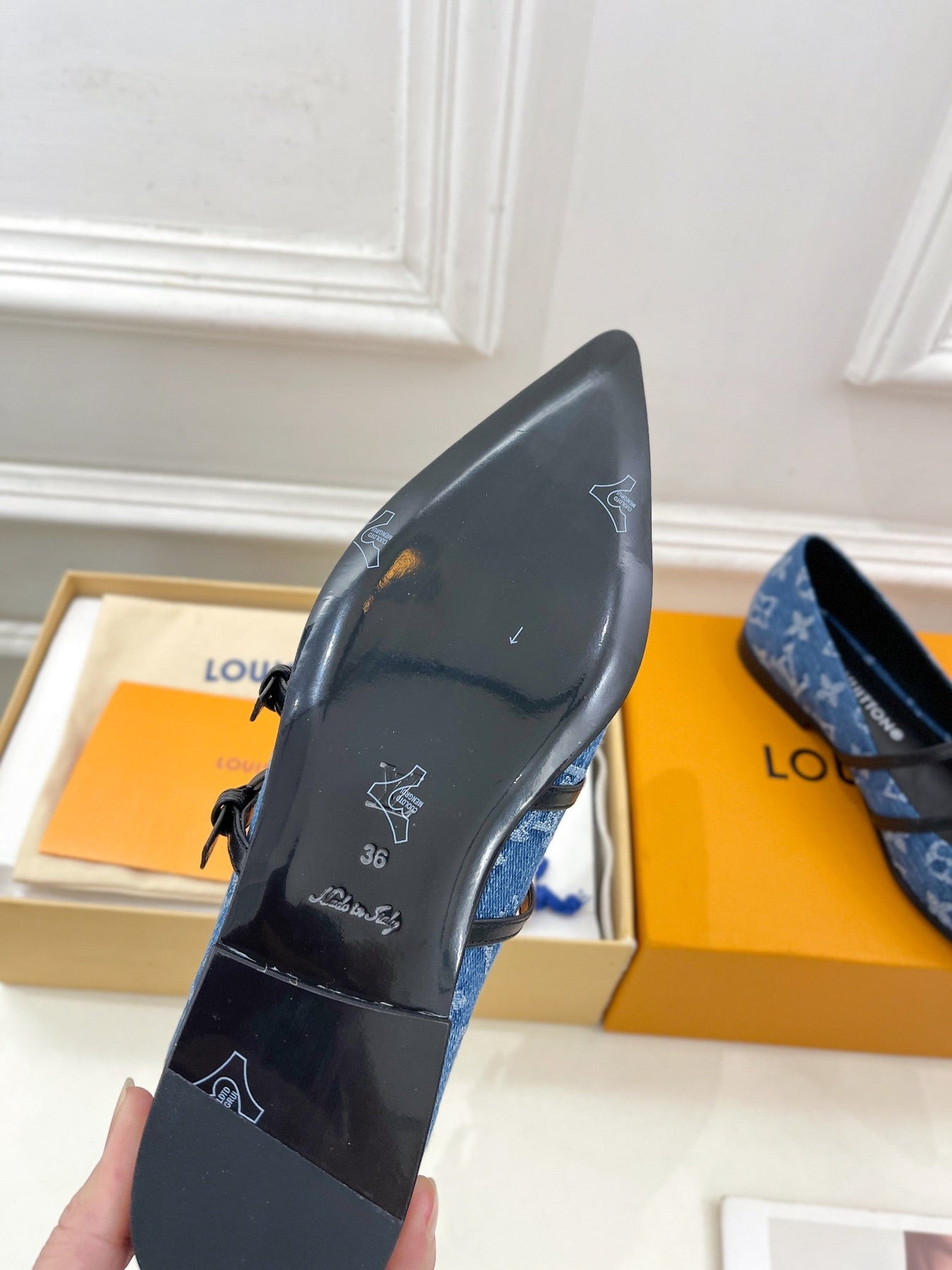 POINTED FLAT SHOES IN COBALT BLUE MONOGRAM DENIM