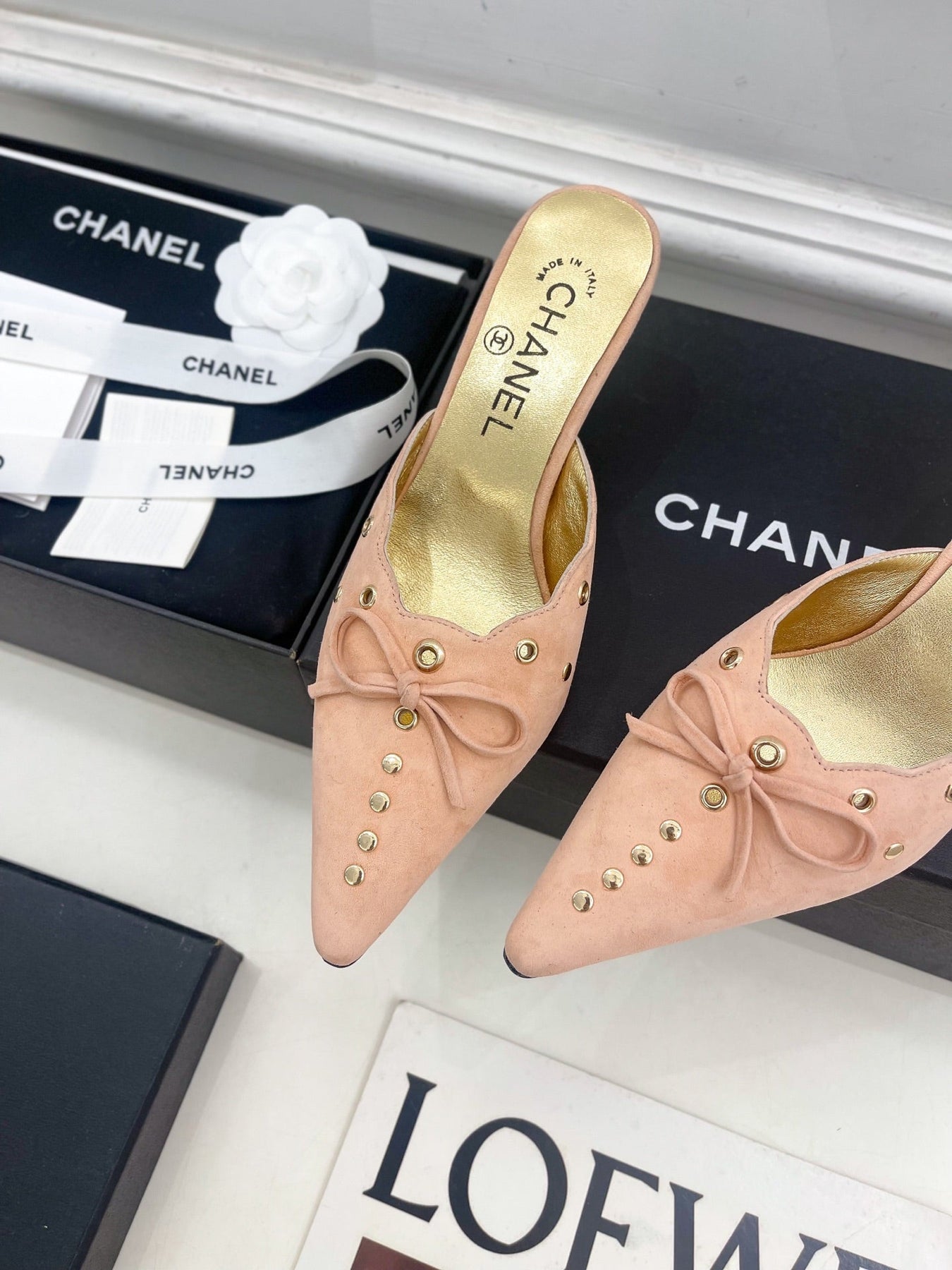 HIGH 65 MM MULE IN PEACH PINK SUEDE