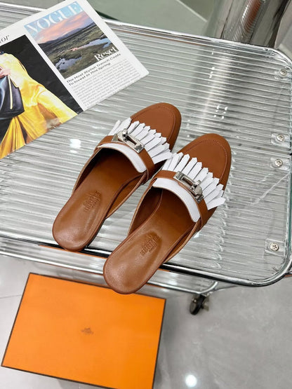 0Z MULE CARAMEL MIX FRINGED WHITE CALFSKIN