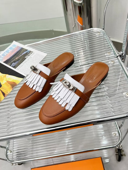 0Z MULE CARAMEL MIX FRINGED WHITE CALFSKIN