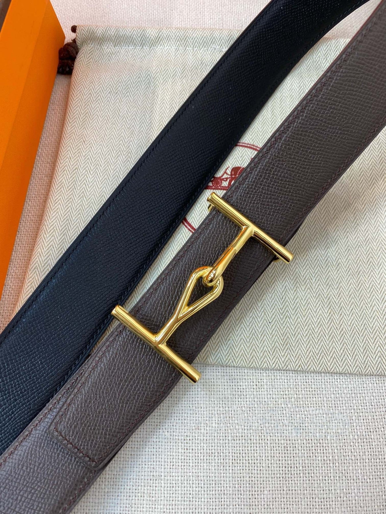 H JUMBO BELT 38MM GOLD BUCKLE DARK BLUE ETOUPE LEATHER