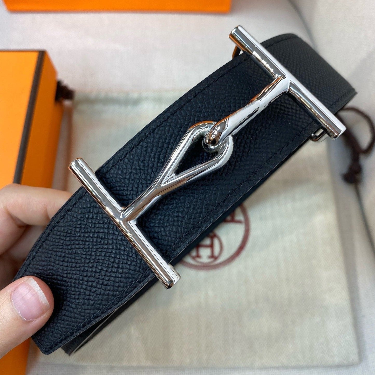 H JUMBO BELT 38MM SILVER BUCKLE DARK BLUE BLACK LEATHER