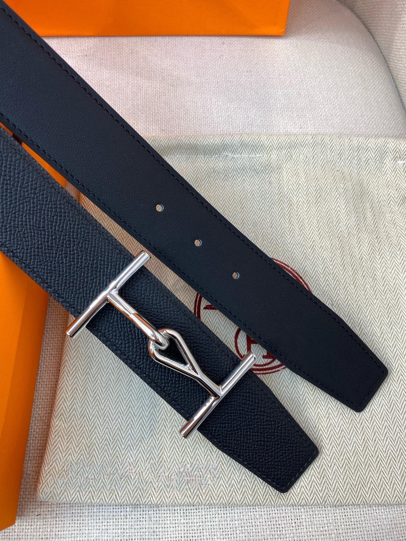 H JUMBO BELT 38MM SILVER BUCKLE DARK BLUE BLACK LEATHER