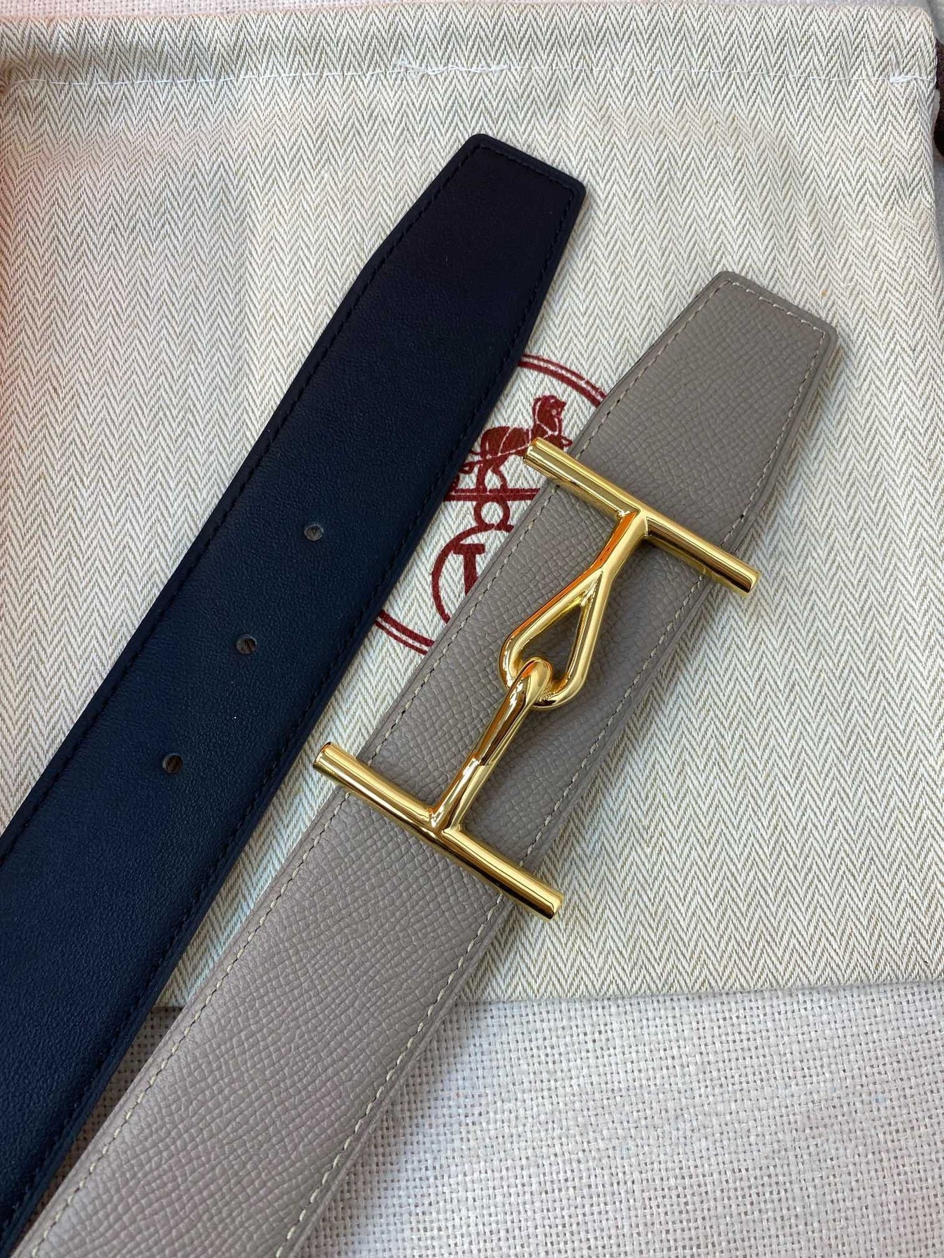 H JUMBO BELT 40MM GOLD BUCKLE DARK BLUE GREY LEATHER