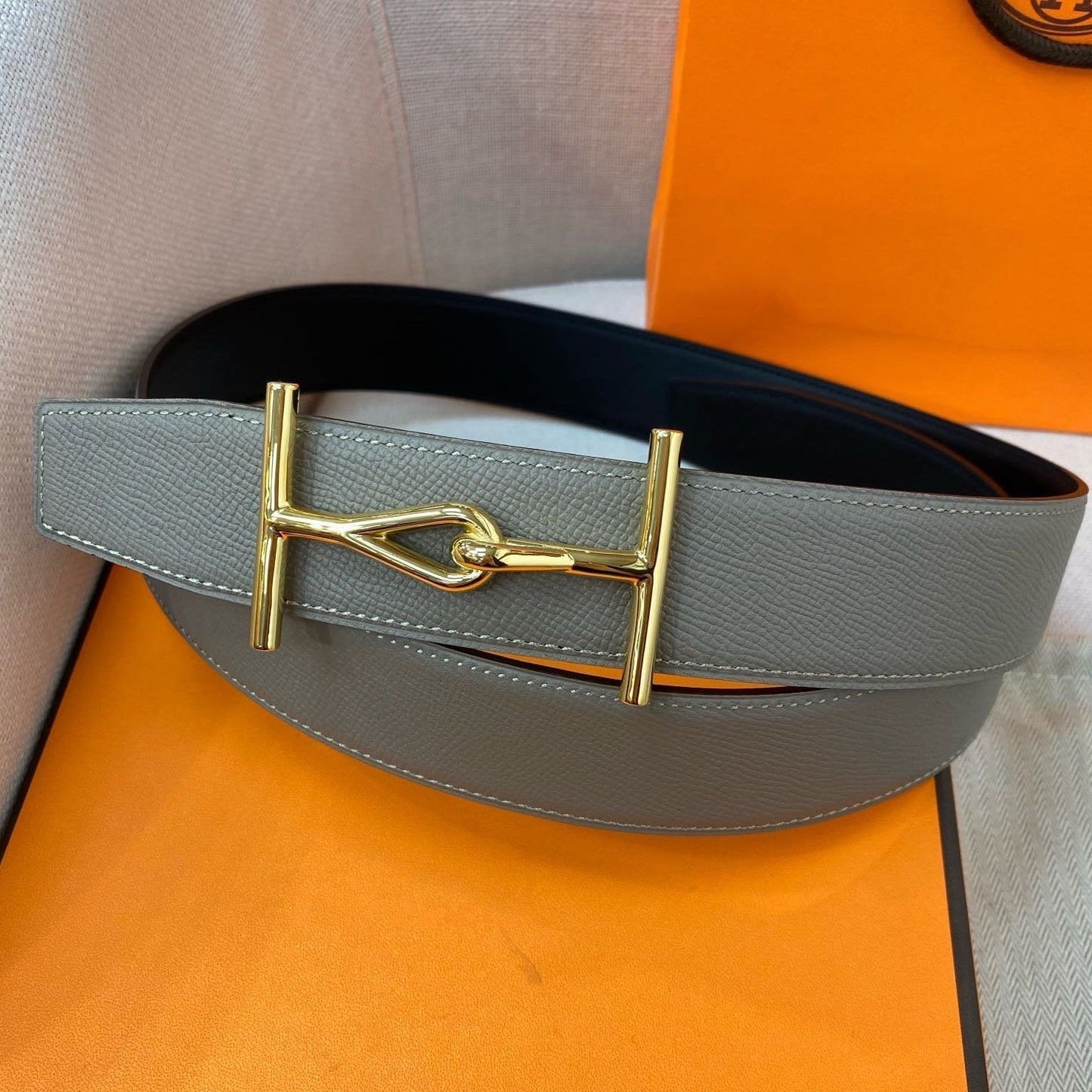 H JUMBO BELT 40MM GOLD BUCKLE DARK BLUE GREY LEATHER