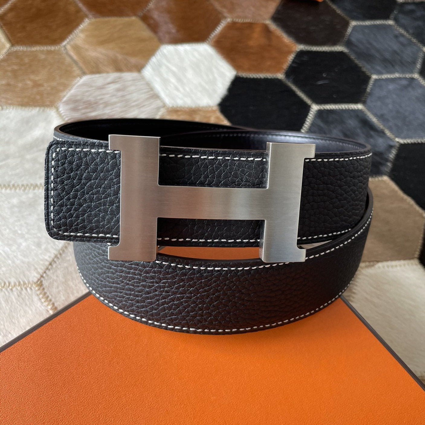 H CONTANCE BELT 38MM SILVER BUCKLE BLACK LEATHER