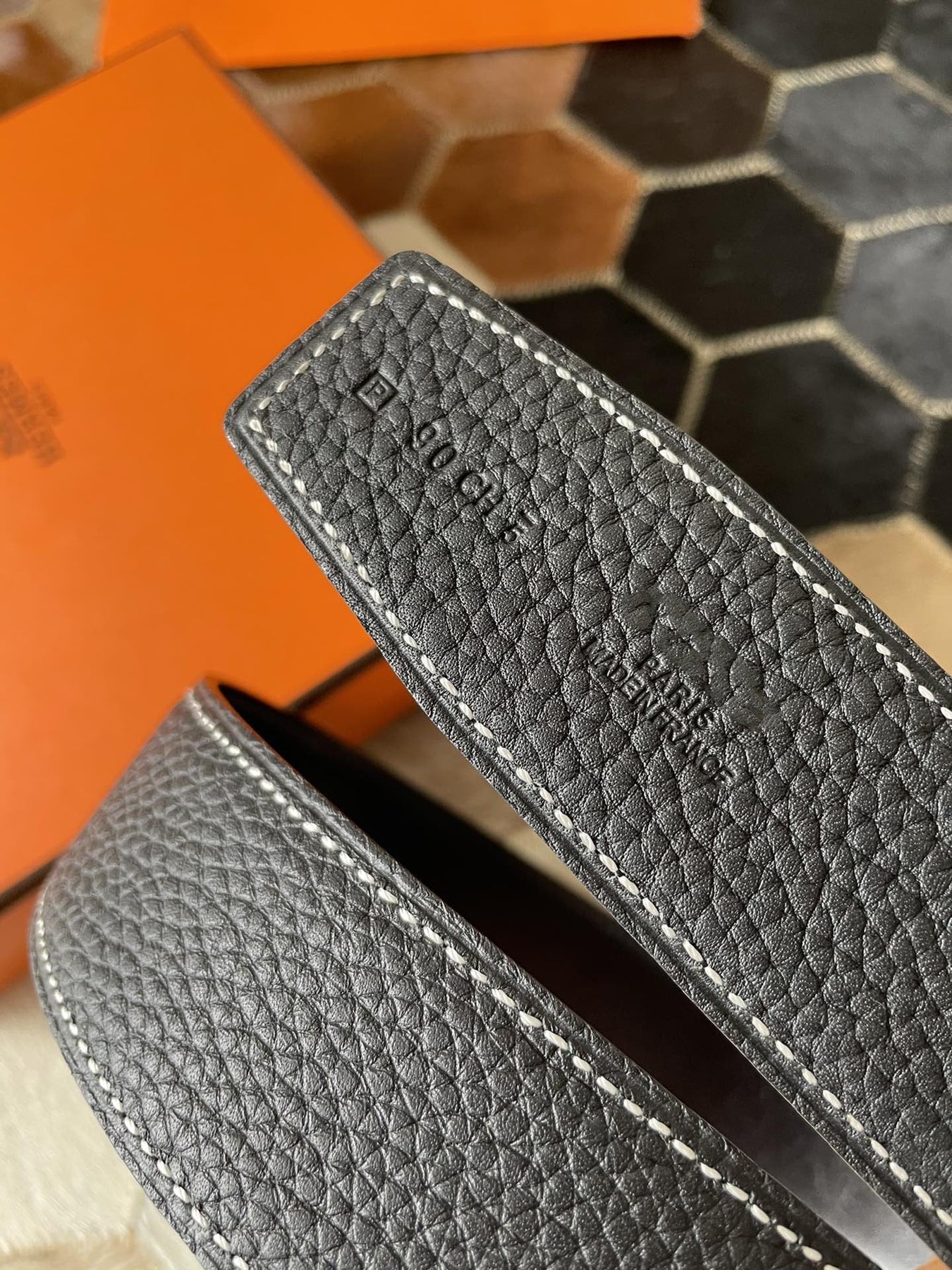 H CONTANCE BELT 38MM SILVER BUCKLE BLACK LEATHER