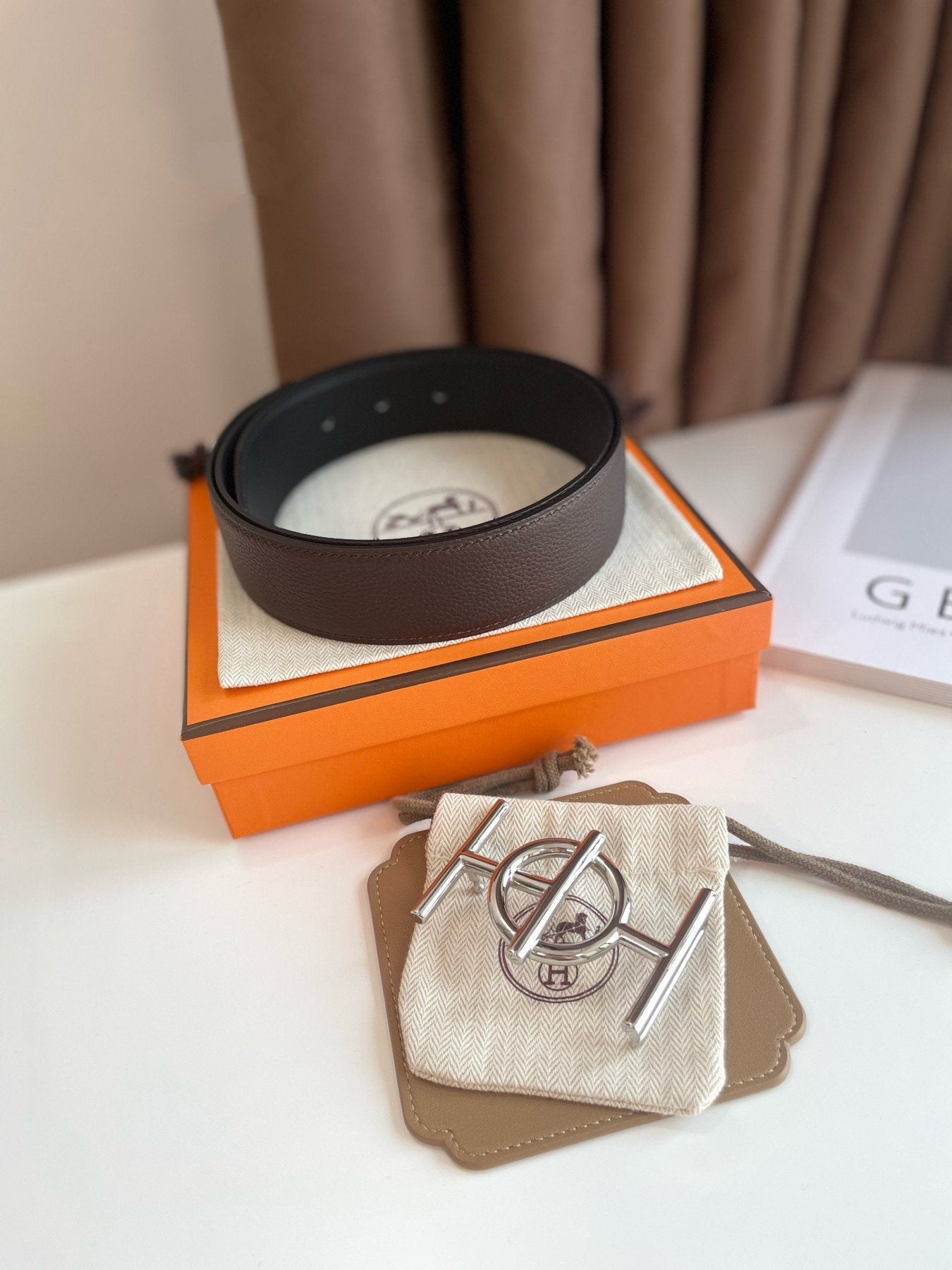 H ULYSSE BELT 38MM SILVER BUCKLE BLACK CHOCOLATE LEATHER