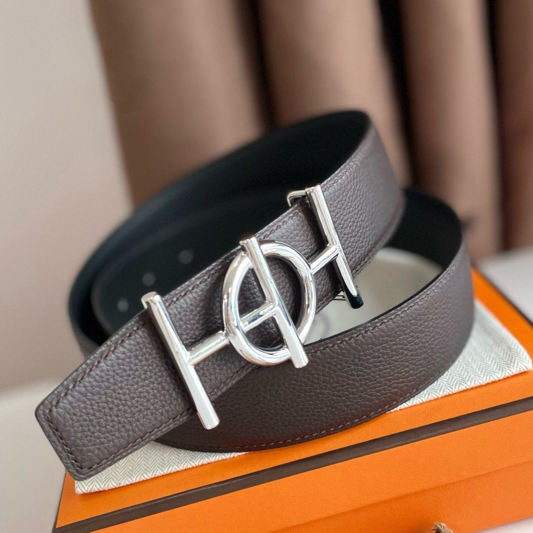 H ULYSSE BELT 38MM SILVER BUCKLE BLACK CHOCOLATE LEATHER