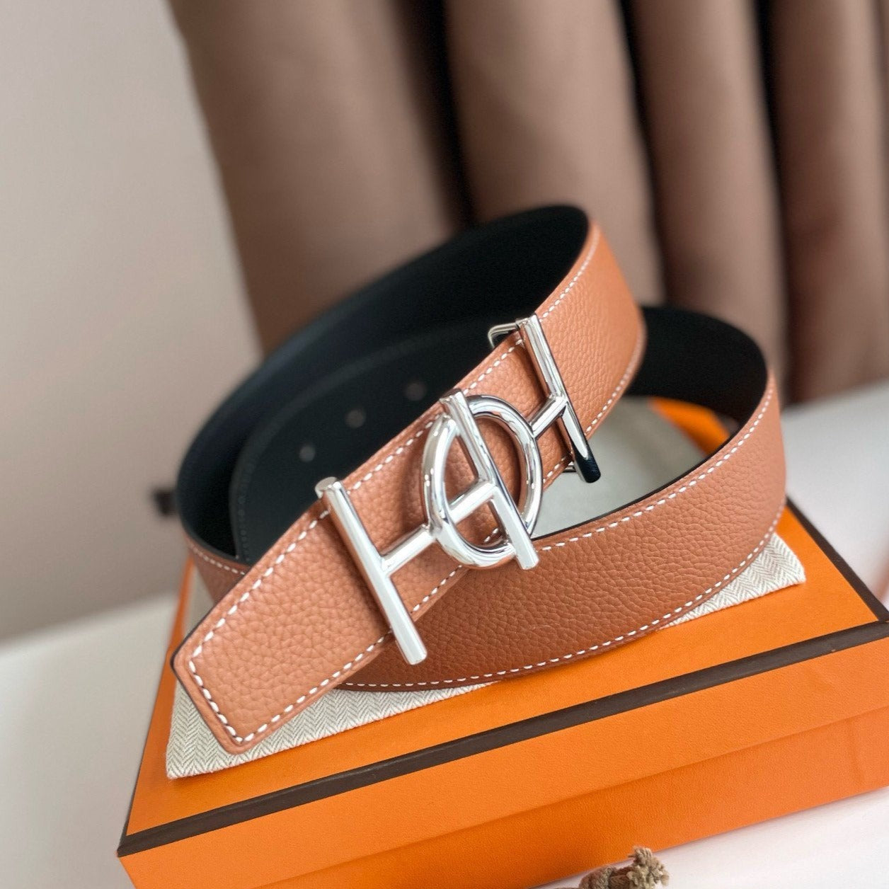 H ULYSSE BELT 38MM SILVER BUCKLE BLACK BROWN LEATHER