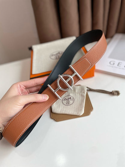 H ULYSSE BELT 38MM SILVER BUCKLE BLACK BROWN LEATHER