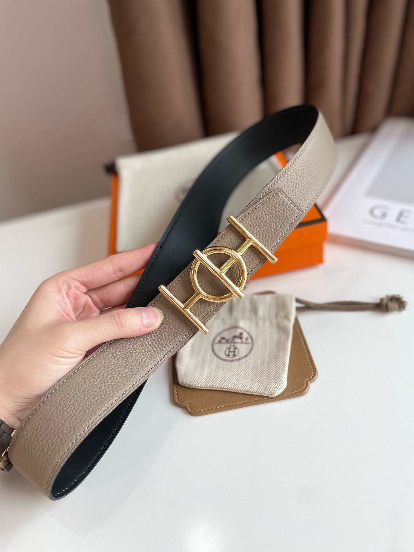 H ULYSSE BELT 38MM GOLD BUCKLE BLACK ETOUPE LEATHER