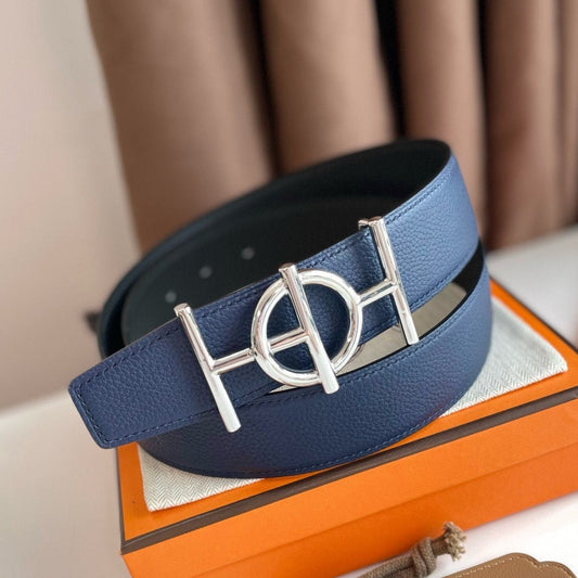 H ULYSSE BELT 38MM SILVER BUCKLE BLACK BLUE LEATHER