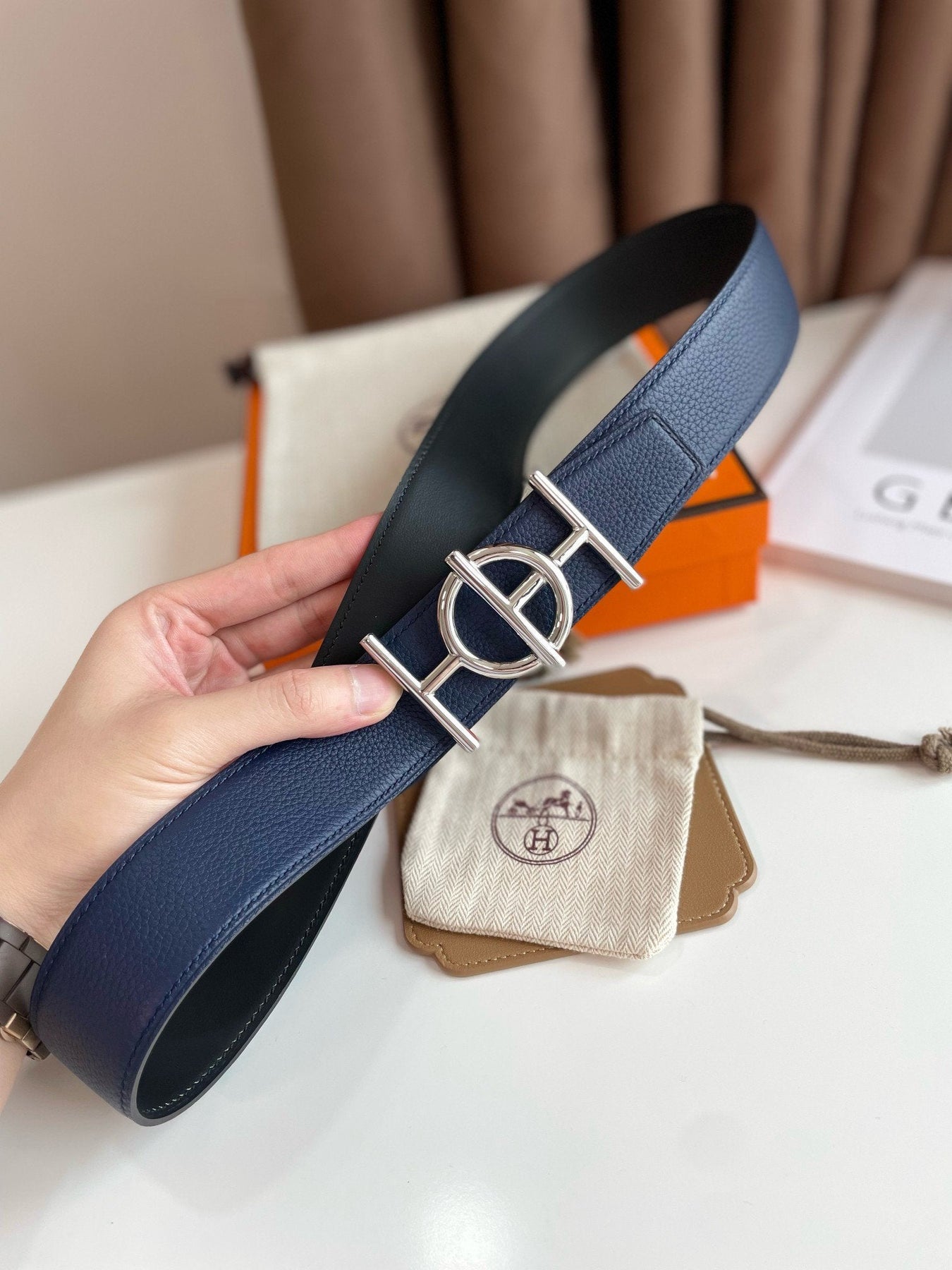 H ULYSSE BELT 38MM SILVER BUCKLE BLACK BLUE LEATHER