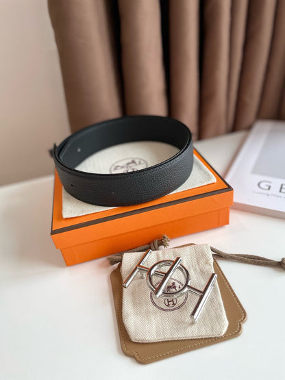 H ULYSSE BELT 38MM SILVER BUCKLE BLACK LEATHER