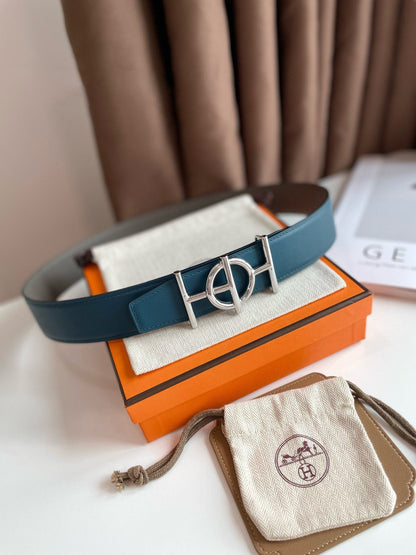 H ULYSSE BELT 38MM SILVER BUCKLE BLUE GREY LEATHER