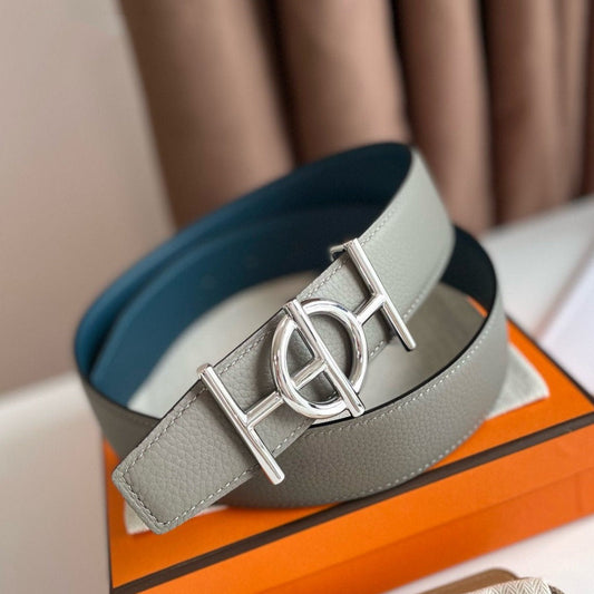 H ULYSSE BELT 38MM SILVER BUCKLE BLUE GREY LEATHER