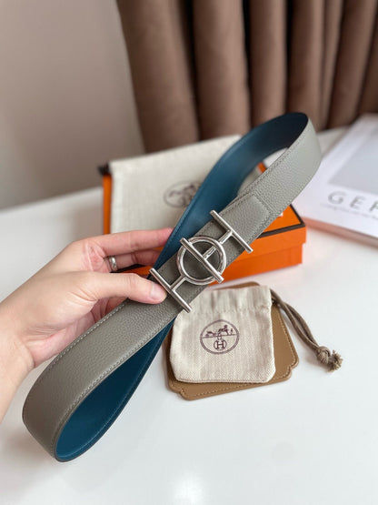 H ULYSSE BELT 38MM SILVER BUCKLE BLUE GREY LEATHER